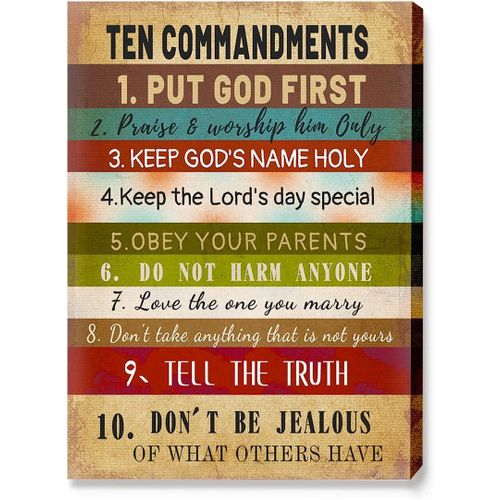 Motivational Quote Ten Commandments Christian Canvas Wall Art Prints 11 x 14 Inch,Christian Gifts,Bible Verse Exodus 20:3-17 Retro Wood Print Artwork Picture Poster Decor for Home Bedroom Living Room