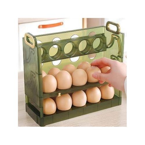 3 Tier Foldable Egg Holder for Refrigerator, Capacity 30 Eggs, Olive