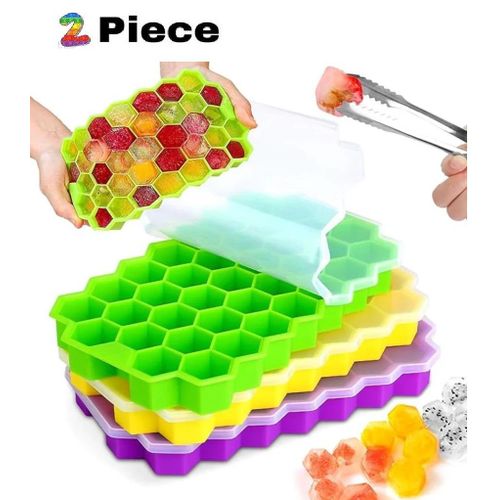 2 pcs Windbuzz Flexible Silicone Honeycomb Ice Cube Tray with Lid Trays for Freezer Moulds Small Cubes Whiskey Fridge Bar Soft Ice Cube Tray Multicolor