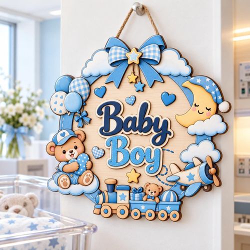 Baby Boy Door Charm, Kids Room Decor, Wooden Plaque, Nursery Door Sign, Hospital Decoration, Baby Gift, 40 x 40 cm Cute Bear