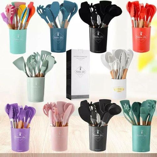 Distribution Set 12 Pieces Silicone With Wooden Handle And Stand