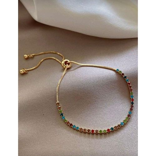 سوار سلسلة انزلاقية باللون الذهبي مع أحجار بألوان قوس قزح