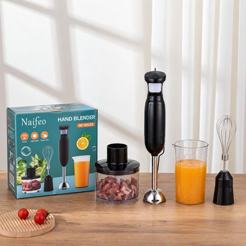 Versatile 4-in-1 hand blender with control buttons and a plastic mixing bowl ,made of stainless steel with power 300 – 400 watt