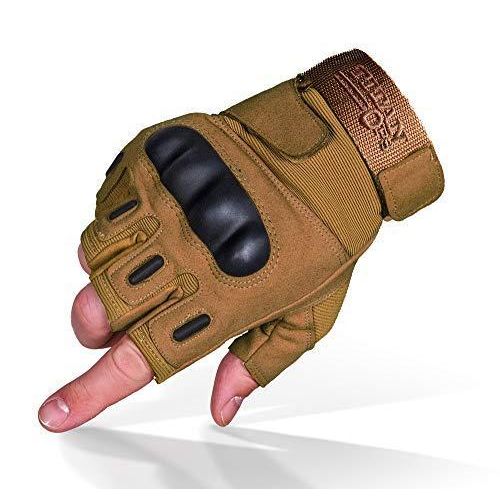 Titanops Fingerless Gloves with Hard Knuckle Protection for Motorcycle Riding, Combat, Tactical, Military Training, and Outdoor Shooting, Dark Beige, Medium