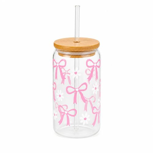 Clear glass mug with wooden lid and straw – elegant pink bow design – perfect for iced coffee and cold drinks