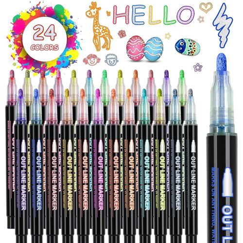 Magic Glitter Marker Pens Set – 24 Double Line Colors – Metallic & Vibrant DIY Art Tools – Safe Water-Based Ink – Perfect for Scrapbooking, Greeting Cards, Rock Painting, Glass & Wood – Creative Gift for Kids, Teens & Artists