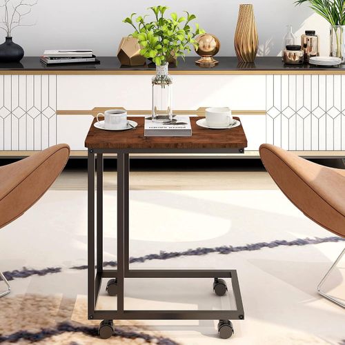 Coffee Table,Sofa Side Table with Wheels,C Shaped Snack Table Wood Finish Metal Construction – Black+Brown