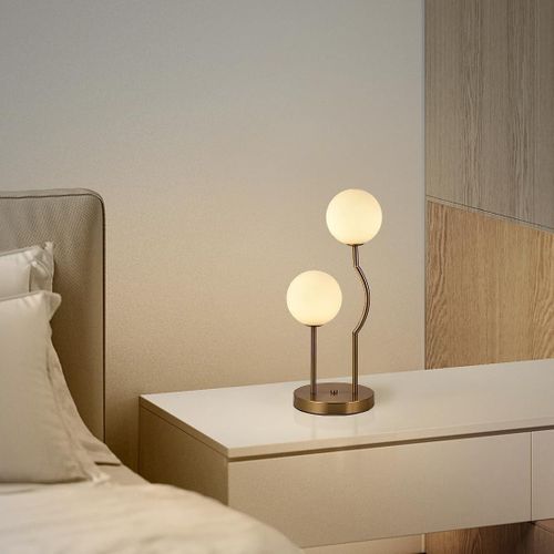 Mid-Century Globe Table Lamp, 2-Light Frosted Glass, Gold Metal Base, G9 Socket, 48cm Height