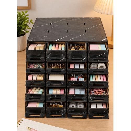 Black Marble-Look 20-Drawer Desk Organizer for Accessories and Stationery, 36 cm Wide, 30.5 cm Deep, 24.5 cm High