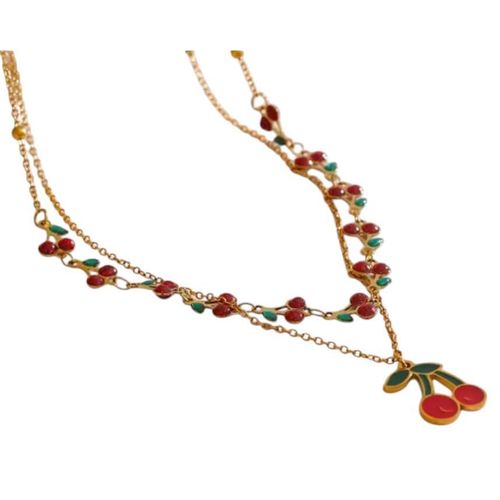 Gold-Plated Cherry Pendant Necklace, Red and Green Enamel, Double Chain Design