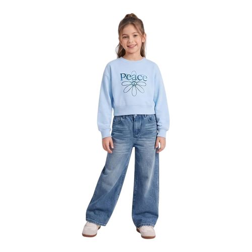 Melton Fleece Pullover Hoodie Long Sleeve Crop Sweatshirts & Wide-Leg Jeans Set Outfit for Girls
