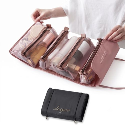 4-in-1 Roll-Up Toiletry & Makeup Bag – Detachable Mesh Organizers with Premium Satin Finish (Random Colors)