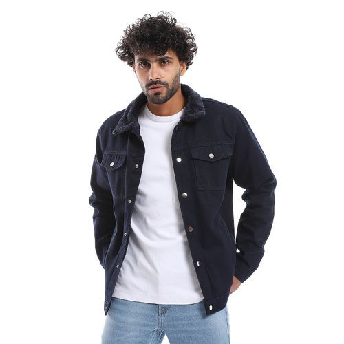 Long Sleeves Multi Pockets Fur Padded Jacket - Navy Blue