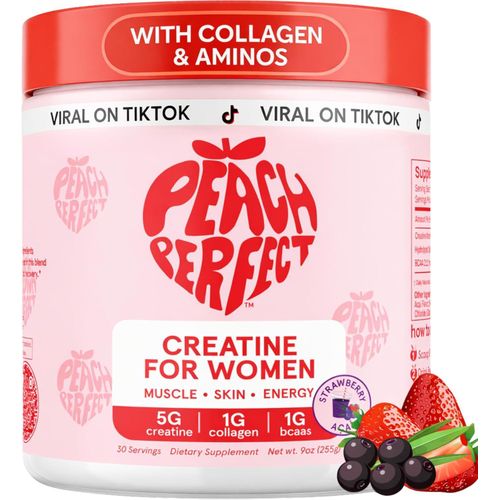 Peach Perfect Creatine Monohydrate Powder, Glute Builder Creatine for Women with Collagen, BCAAs, 5g Vegan Micronized Creatine per Serving, for Energy, Muscle Support, 30 SVG, Strawberry Acai
