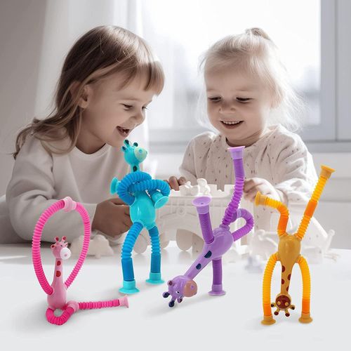 4 Pack Giraffe Interactive Pop Tubes Set Suction Cup Fidget Toys, Toddler Sensory Toys Gifts, Sparking Endless Fun and Creative Exploration for Kids, Connect, Stretch, Twist and Pop (Giraffe)