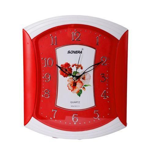 27 cm Square Wall Clock, Quartz Analog Wall Clock, Durable Plastic Red Frame, Decorative Rose Design, Large Easy-to-Read Numbers for Home, Office, Living Room, Bedroom & Kitchen