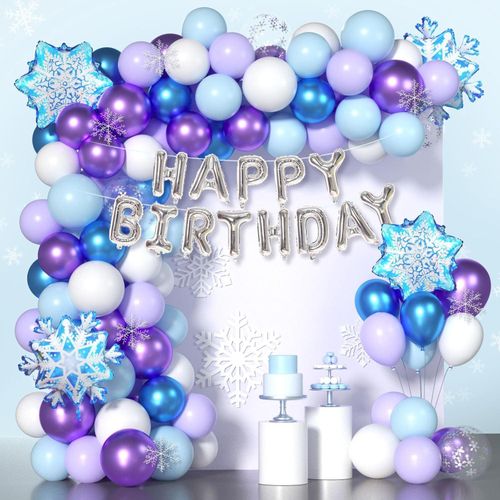 ZFUNBO Snowflake Balloon Garland Kit, 121pcs Frozen Balloon Garland Arch Kit with Snowflake, Happy Birthday Snowflake Foil Balloons for Snowflake Party Decorations, Winter Party Decorations