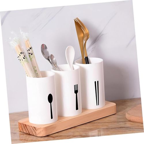Kitchen cutlery rack with wooden base - Three-compartment cutlery organizer - Sturdy plastic cutlery holder - Compact and practical design