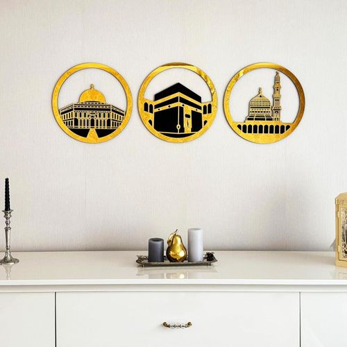 iwa concept Set of Masjid Al Aqsa, Masjid Al-Haram & Masjid An-Nabawi Islamic Wall Art Wooden Acrylic Kaaba Wall Decor Ramadan Decoration Muslim Gift (Large, Gold)
