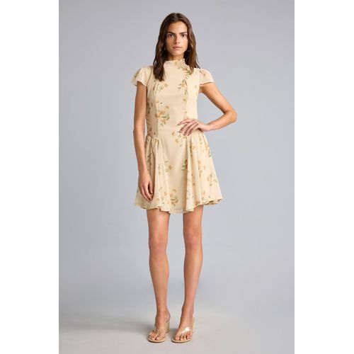 Crew Neck Floral Pleated Chiffon Mini Dress
