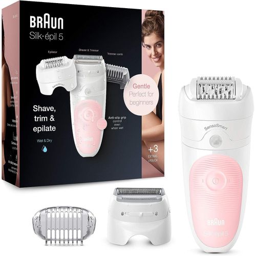 Silk-épil 5 SensoSmart 5-620 Wet & Dry Epilator With Shaving Head and Trimmer Cap, Massage Cap, Use Dry or Under Water, Gift Idea, White and Pink - International Warranty