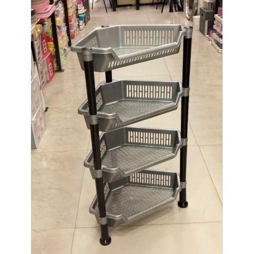 رف تخزين زاوية مكون من 4 طبقات، تصميم مثلثي، وحدة رفوف بلاستيكية للمطبخ والحمام وغرفة الغسيل. (لون رمادي فاتح)