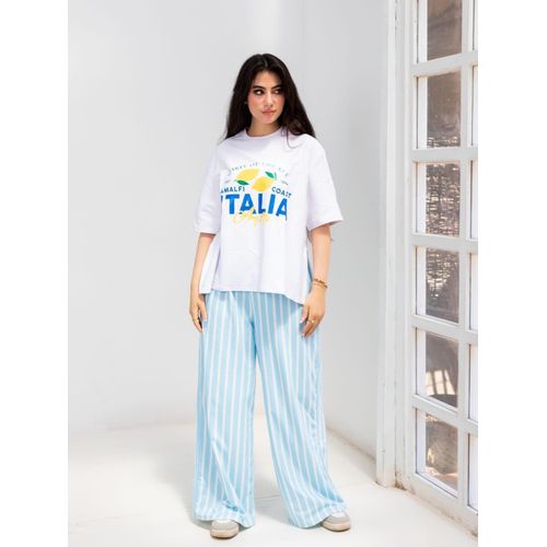 Women’s Lemon twist Print Full Set with Half Sleeve T-Shirt and Striped Wide Leg Pants