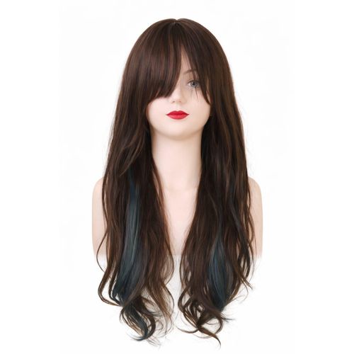A medium-length wig for women, made of brown thermal fiber, with blue strands and front bangs on both sides.