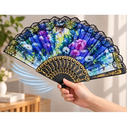 Japanese Folding Hand Fan for Women - Lace Floral Folding Fan - Portable Hand Fan for Cooling, Party, Wedding, Cosplay & Gifts
