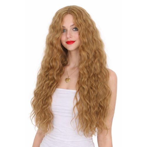 A wig for women of medium length, curly in caramel blonde, made of thermal fiber