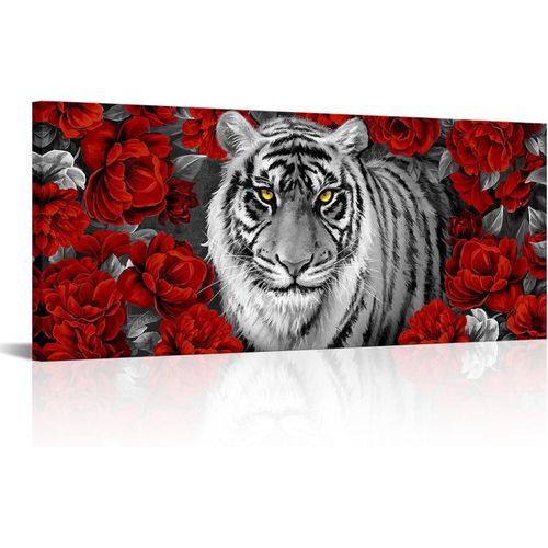 Kalormore Large Black and White Tiger Canvas Wall Art Animal Wildlife Cool Tiger in Burgundy Red Flowers Painting Prints Gallery Wrap Artwork for Living Room Bedroom Home Office (Red)