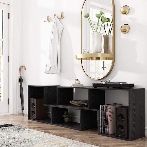 Modern Entertainment Center with Storage Shelves, Media Console Bookshelf for Living Room - Black - 2 Pics