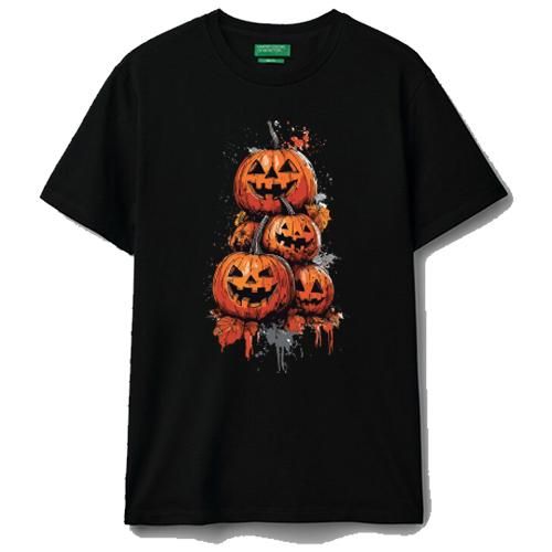 Halloween Pumpkin Graphic T-Shirt, Black Short Sleeve, Jack-o'-Lantern Stack Print