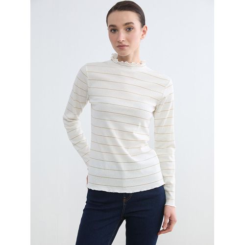 Ruffled High-Neck Striped Bodysuit