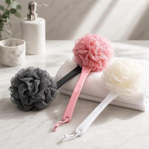 Shower Loofah Body and Back Scrubber with Long Plastic Handle Exfoliating Bath Sponge Mesh Brush Easy Reach Body Cleaning Bath Brush for Shower Body Wash Spa Home Men Women Random Color -1 Piece