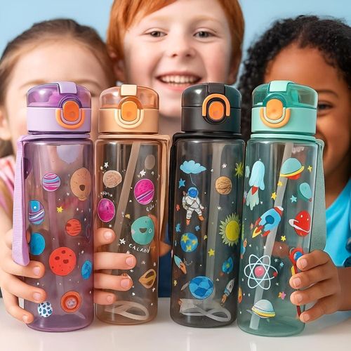 Attractive Space Planets Kids Water Bottle - Leakproof School Drinking Bottle with Straw and Carrying Strap, Perfect for Club, Trips and Daily Activities.