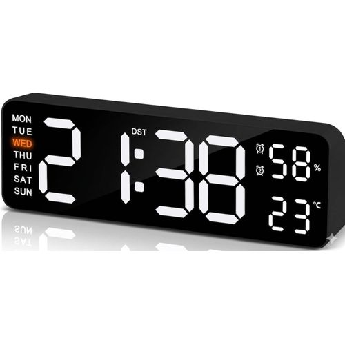 Large 9-inch LED digital clock with dual alarm and auto-dimming – bedroom and bedside alarm clock – clear numbers with temperature and humidity display – suitable for children and the elderly. (white)