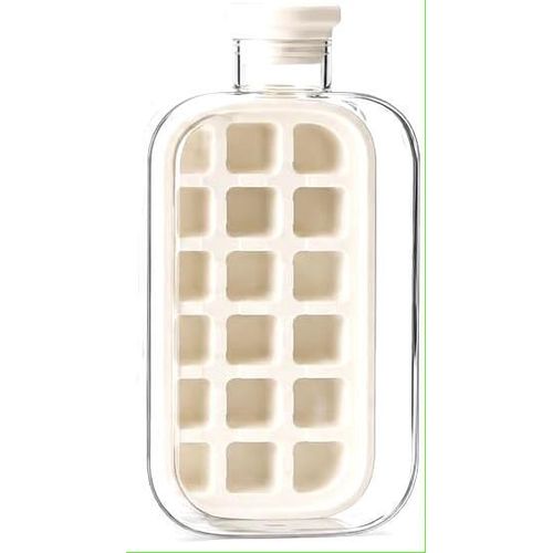 Dual-function ice bottle with a transparent design and a built-in silicone ice cube tray.