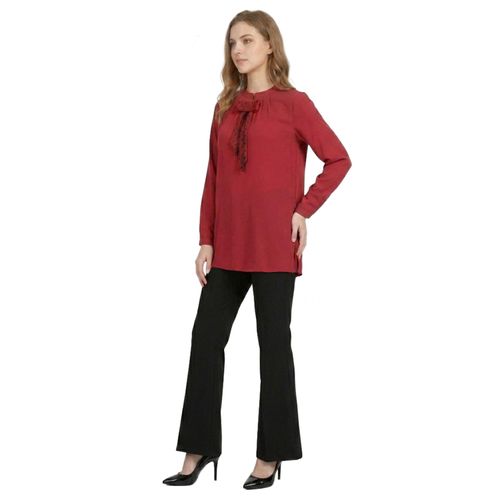 Women's Solid Crepe Blouse With Polka Dotted Removable Bow - Red