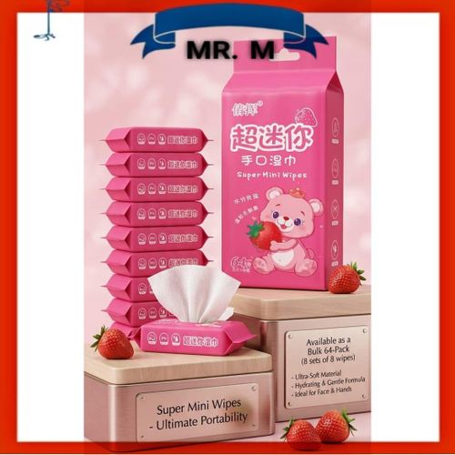 Strawberry Scented Mini Wet Wipes (64 Count) – Ultra-Soft & Instant Cleanliness