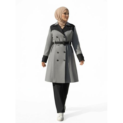 Women's Double-Breasted Belted Coat with Wide Lapel and Contrast Details