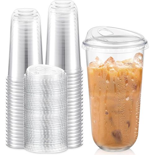 25 Pcs Plastic Cups with Sip Lids Round Bottom Disposable Plastic Coffee Cups with Lids Clear Strawless Crystal Mugs for Iced Coffee Smoothie Cold Beverage Party Catering Supplies 20 oz