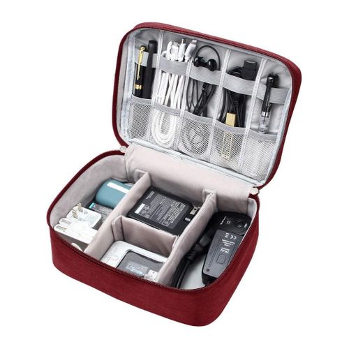 Big Travel Universal Cable Organizer Waterproof Carrying Bag, Gadgets Electronics Accessories Storage Case for Charger, USB Cables, Earphone, Ipad Mini, Phone, SD Card, Power Bank (Red)