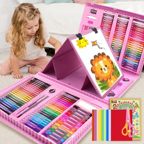 Premium Deluxe 3D Pop-Up Easel Art Suitcase Set - Multi-Functional Drawing & Painting Kit with Coloring Book, Safety Scissors, Crayons and Sketch Markers Educational Creative Gift Toy for Kids Ages 3-7 (Pastel Pink)
