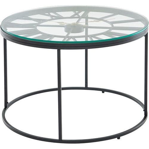Coffee Table Glass Metal 60 x 60 x 43 cm Sofa Table with Decorative Clock, Design Living Room Table Round, Small Coffee Table, Modern, Side Table, Placement Table Living Room