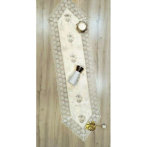 Turkish Table Runner - High-Quality Fabric (Heavyweight Chenille with Lace Trim) - Size 160cm x 45cm, Color (White and Gray Rose)