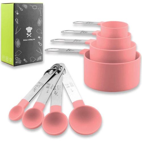 Measuring Cups and Spoons Set of 8 Stainless Steel Handles Stackable Precision Large Spoon for Measuring Dry and Liquid Ingredients Plastic Head Teaspoon Pink