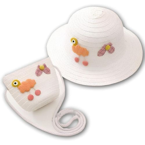 Straw Set - Baby Bear Bucket Hat with Matching Crossbody Bag Teddy Bear Applique, Plush Ear Details, Adjustable Braided Strap