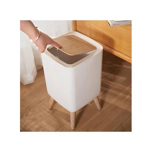 Trash Can with Push Top Lid, Nordic Modern Plastic Waste Bin for Kitchen, Bathroom, Bedroom, Living Room, Office, Outdoor, Dog Resistant, Wood Push Top - Garbage Can - Round Waste Bin - Garbage Can for Chalets, Villas, Houses - Push Top Lid Trash Can