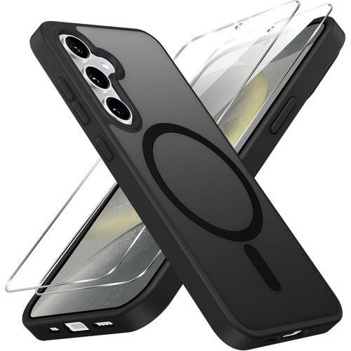 Magnetic Case for Samsung Galaxy S24 5G with 2 Tempered Glass, Compatible with MagSafe,Translucent Matte Back Case Cover Shockproof Case for Samsung S24 5G 6.2 Inch, Black